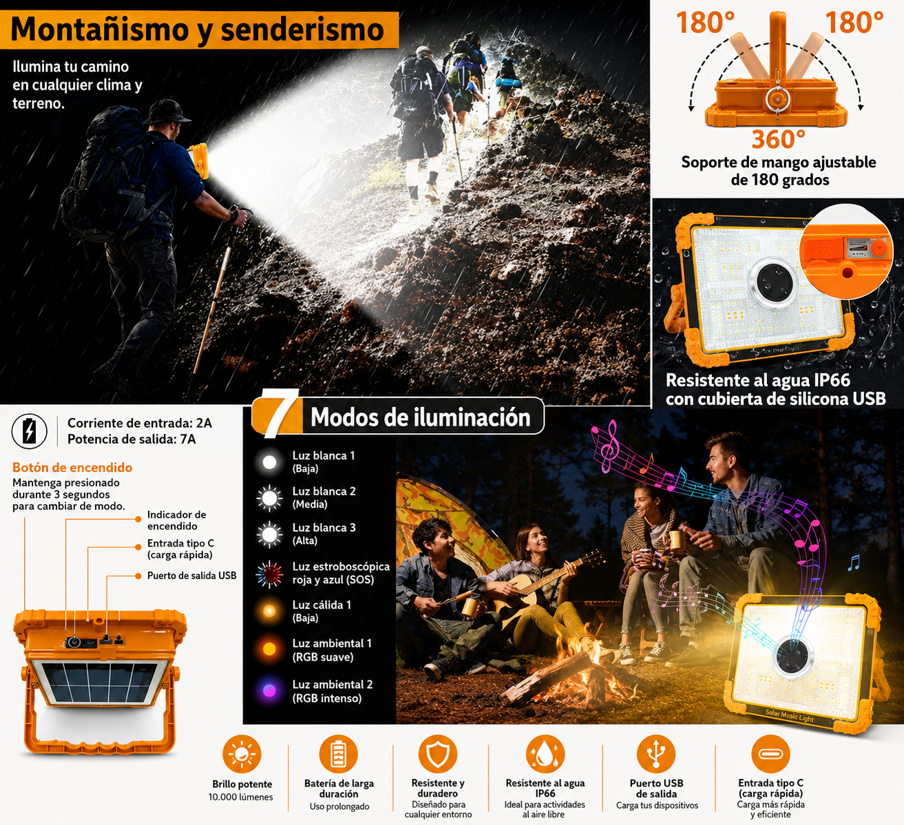 Foco led solar y parlante para emergencias