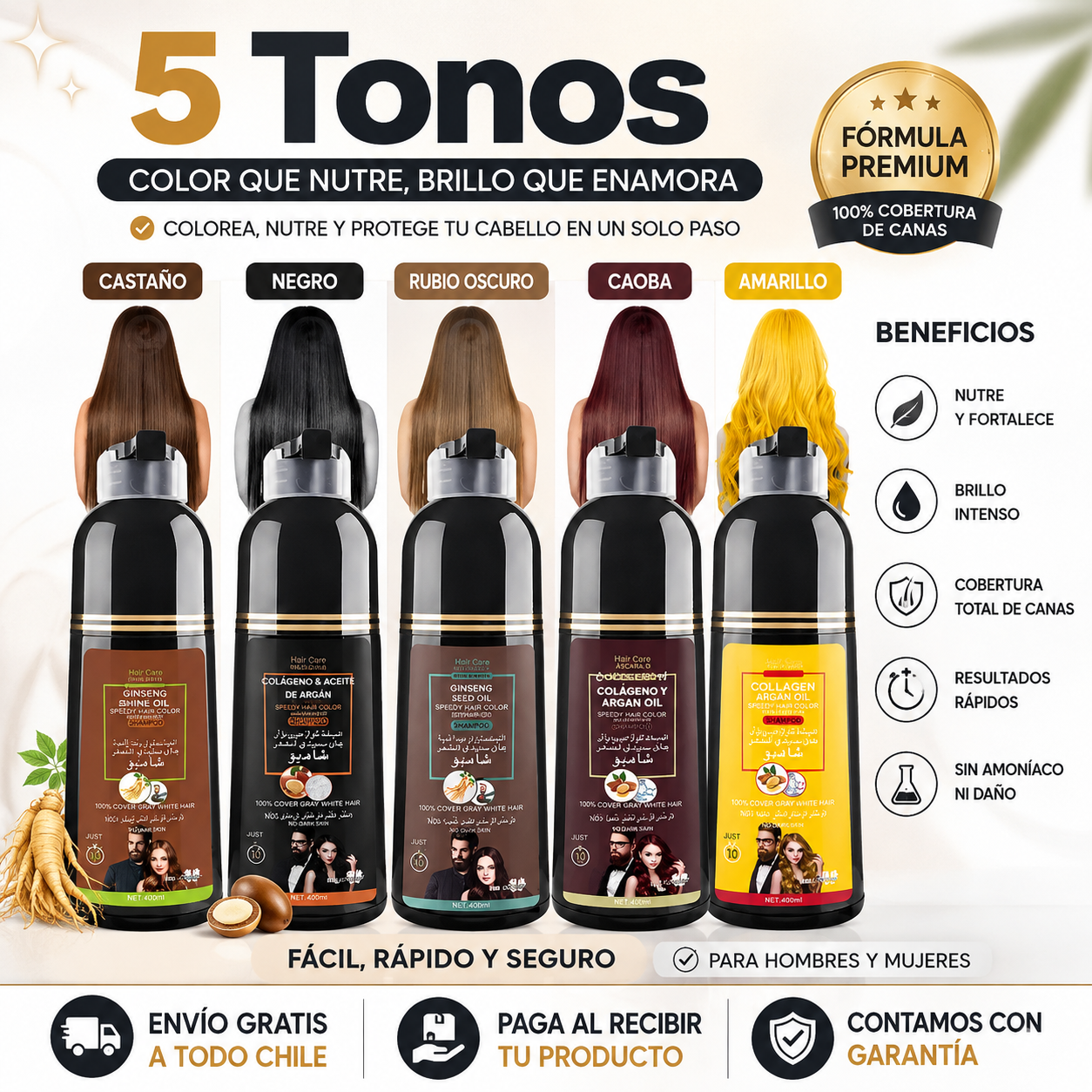 Shampoo con tinte cubre canas (5 tonos diferentes)