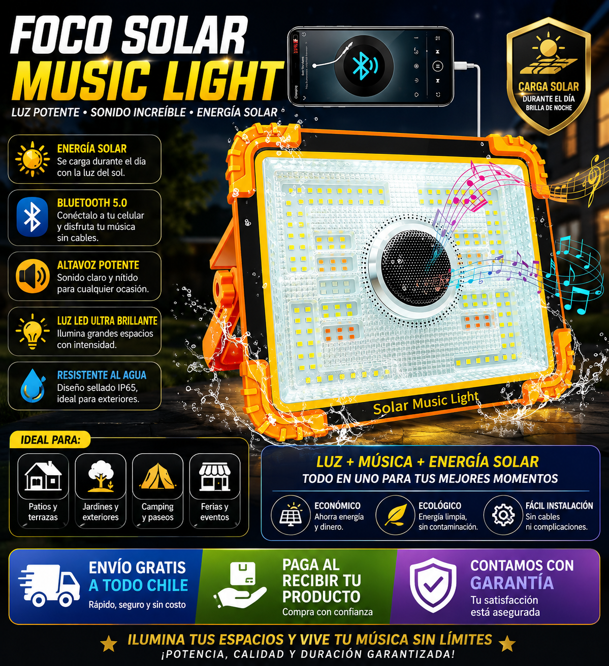 Foco led solar y parlante para emergencias